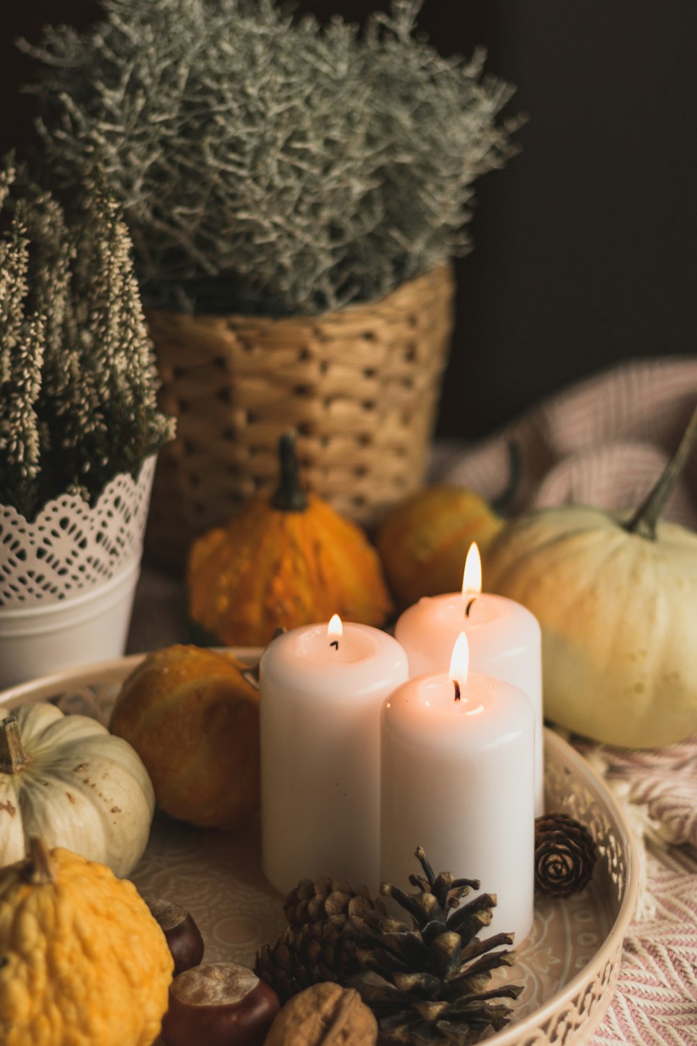 white pillar candle between orange pumpkins and white and black ceramic candle holder