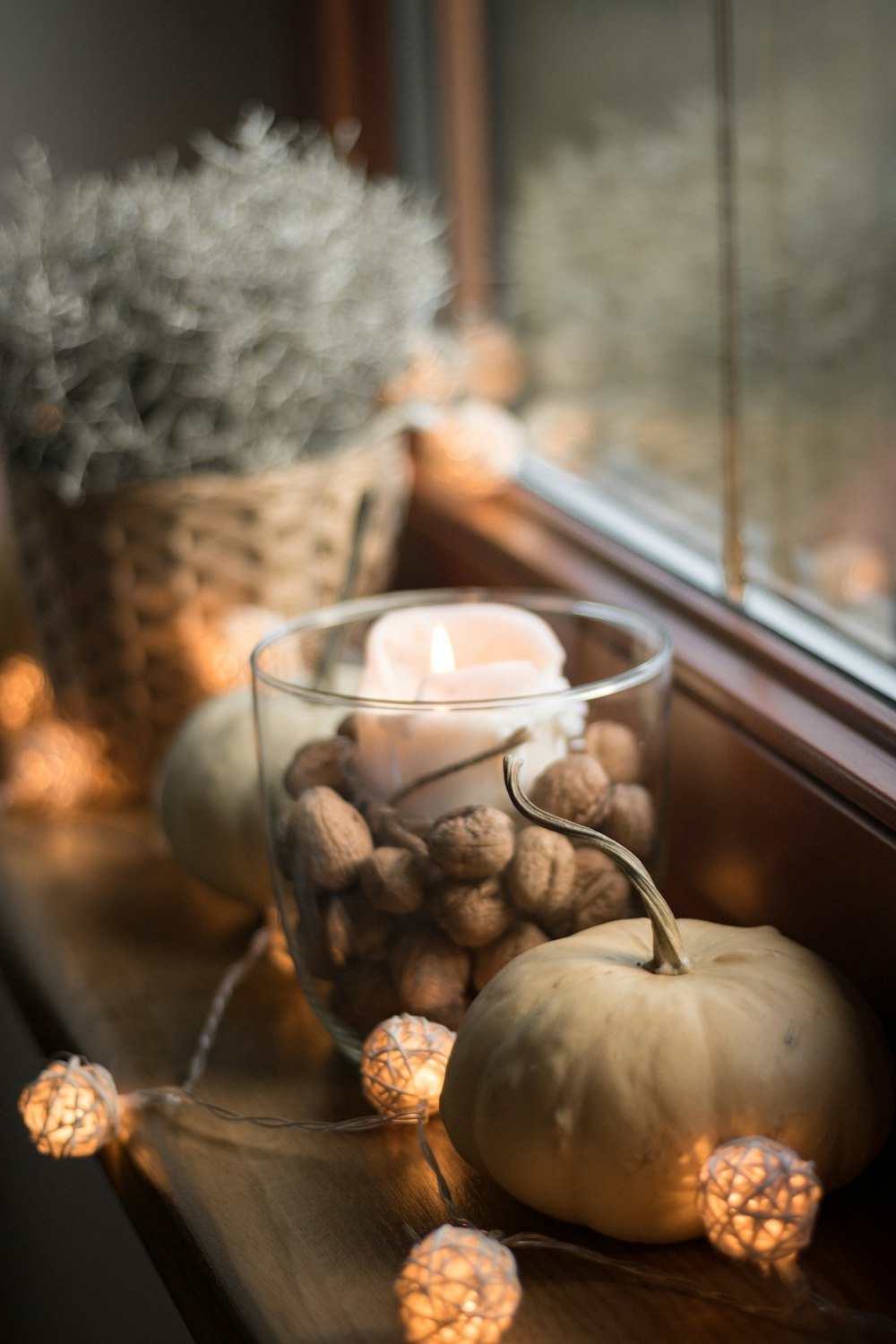 brown pine cone beside clear glass cup