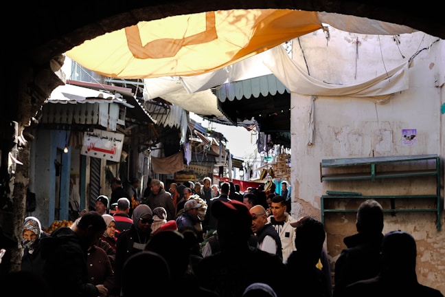 A bustling marketplace featuring characters from various legends.