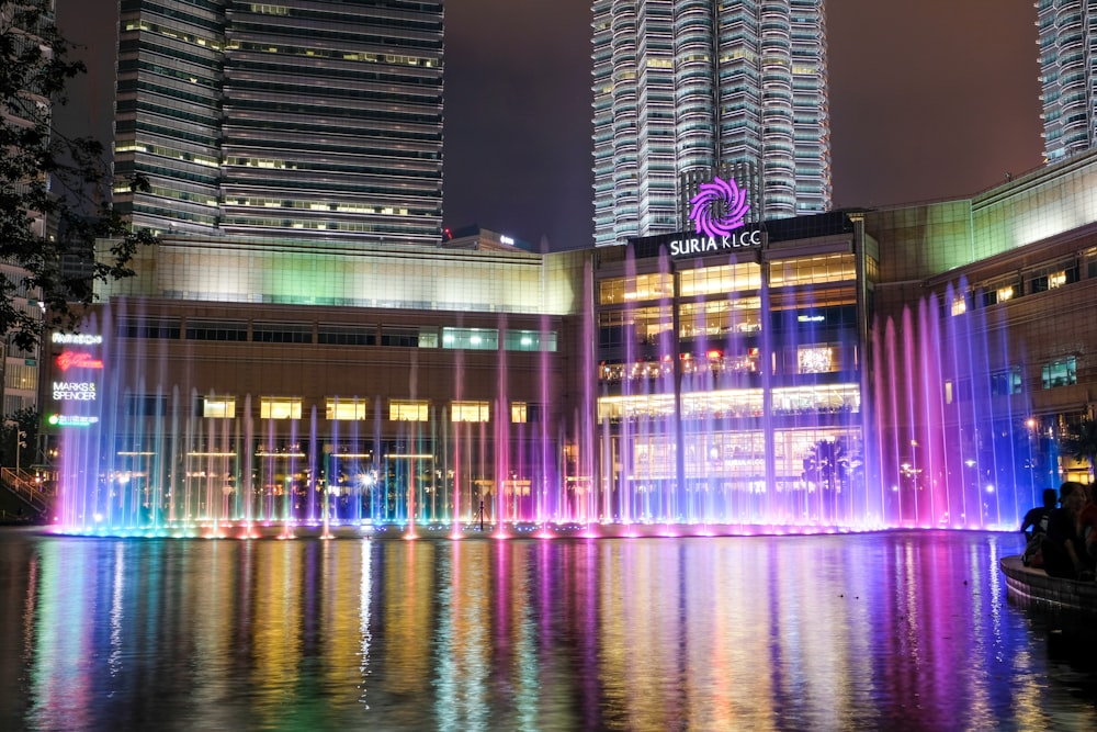 city skyline during night time