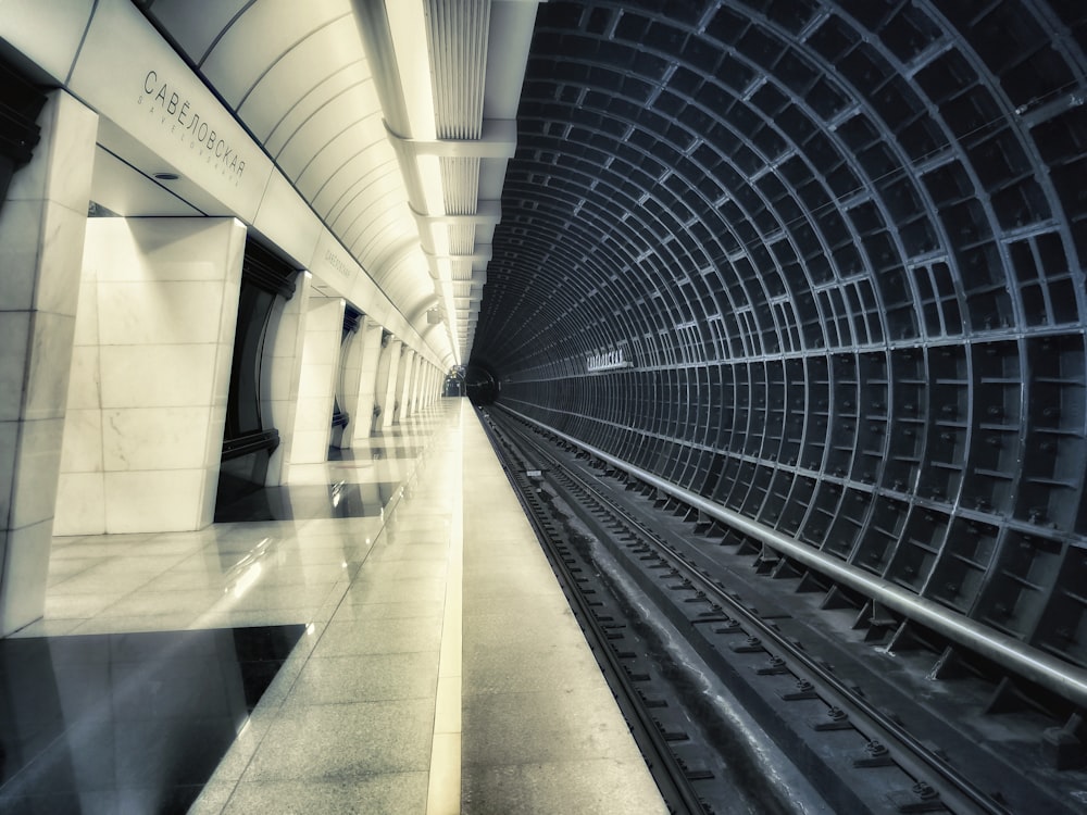 white and black tunnel with white lights