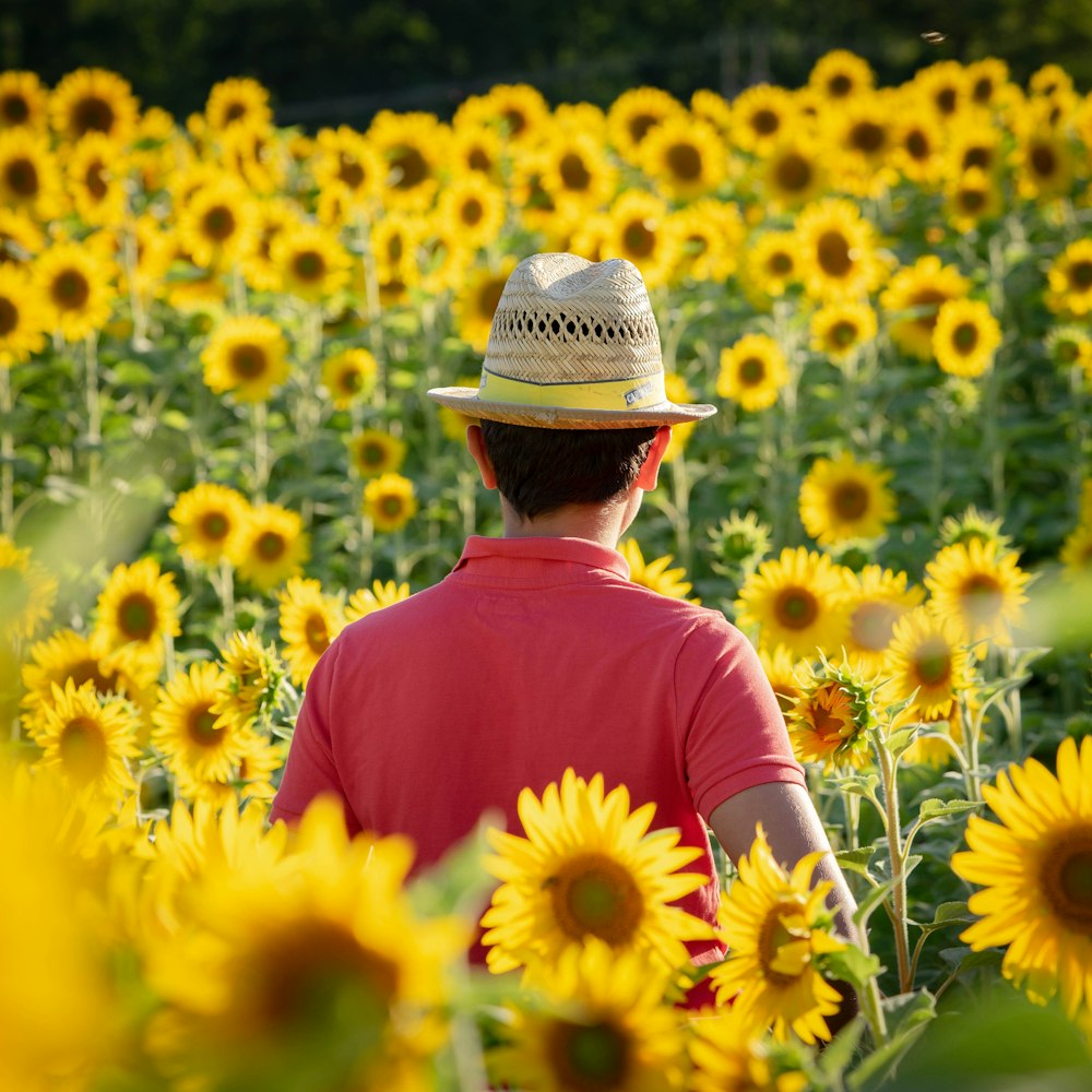 woman in pink long sleeve shirt standing on sunflower field during daytime