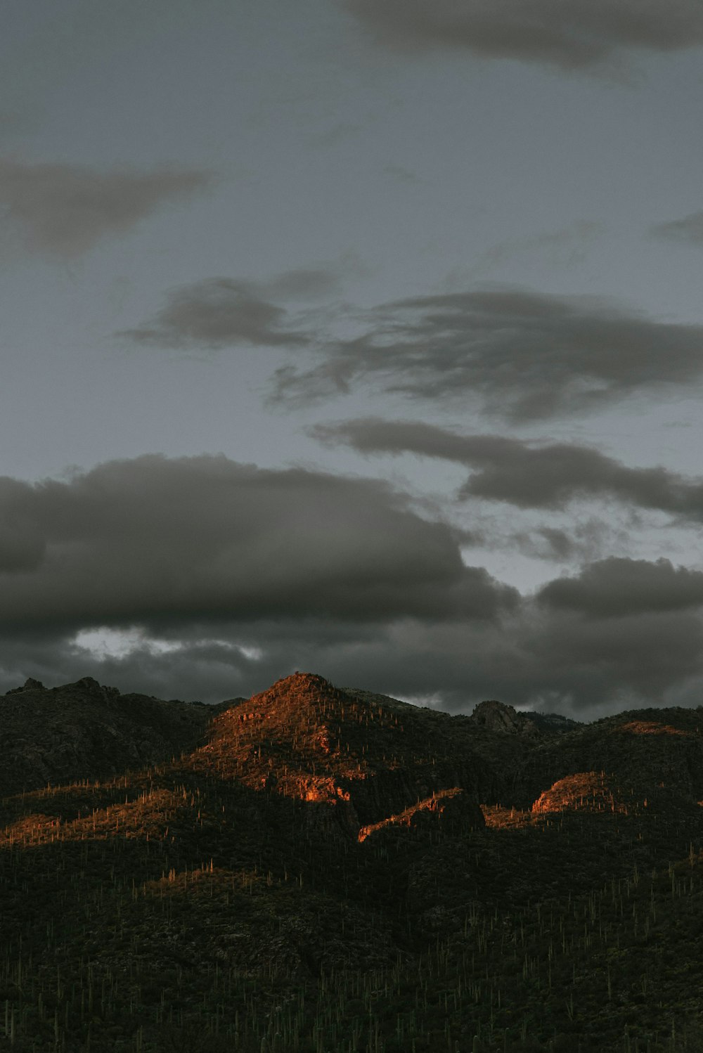 montaña marrón bajo nubes grises