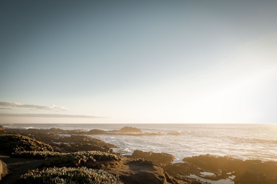 The image captures a serene coastal scene with rocky shores and gentle waves under a clear sky. The sunlight casts a warm, golden hue across the water, creating a peaceful atmosphere.