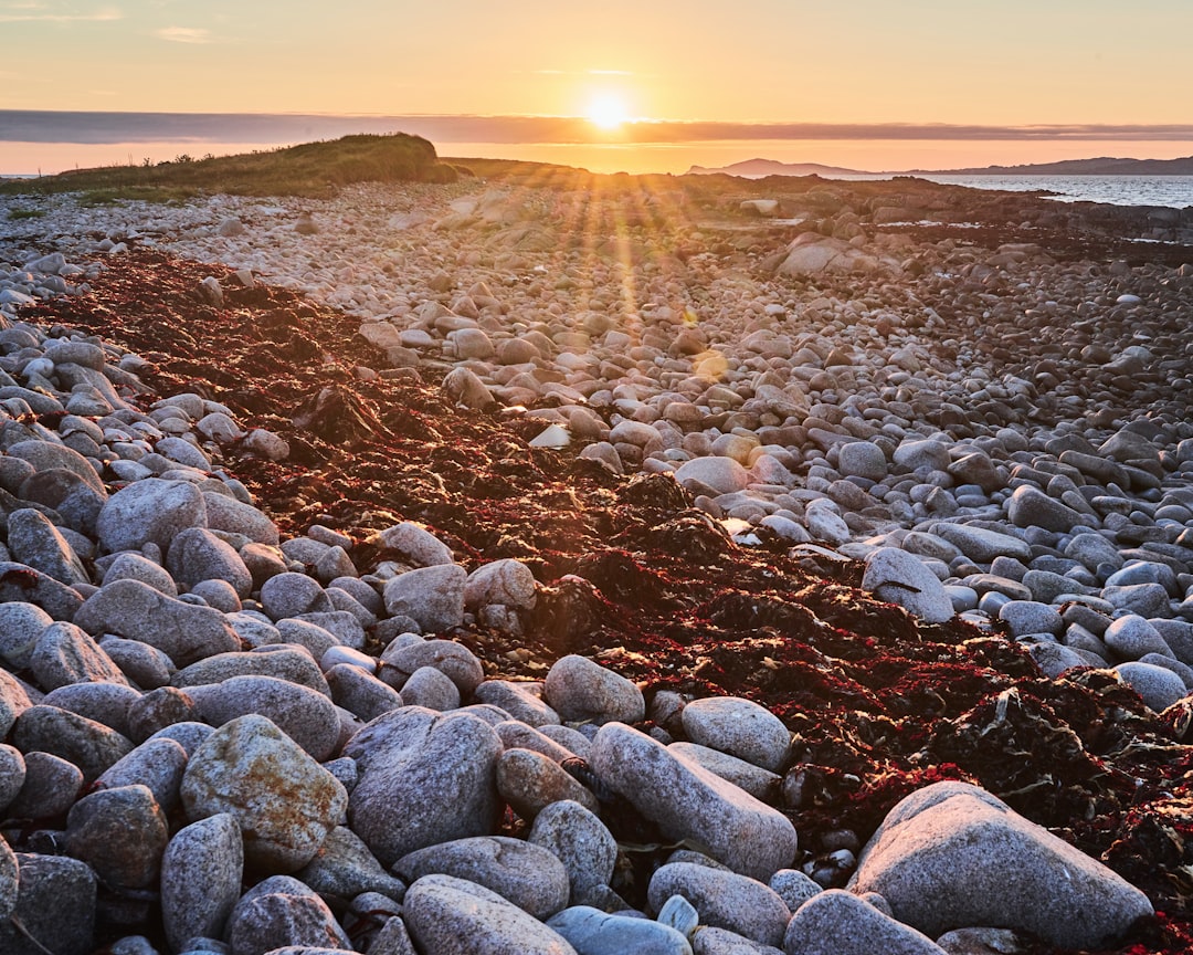 gray and brown stones on seashore during sunset