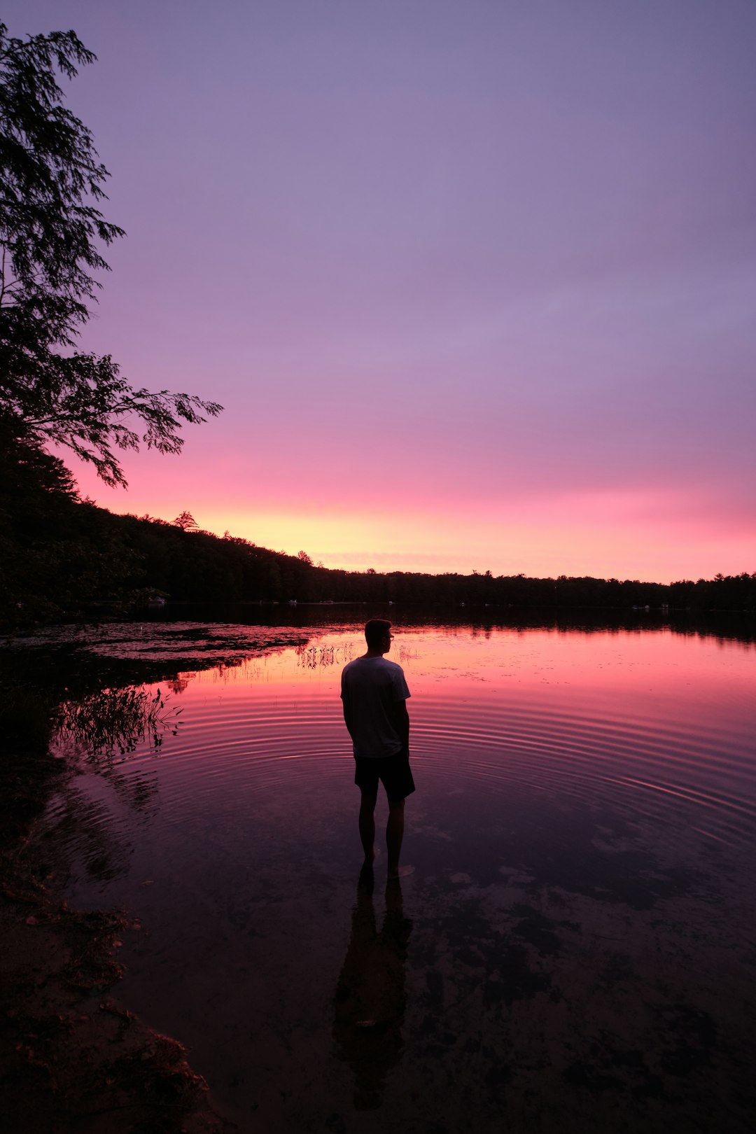 silhouette of man standing on lake during sunset