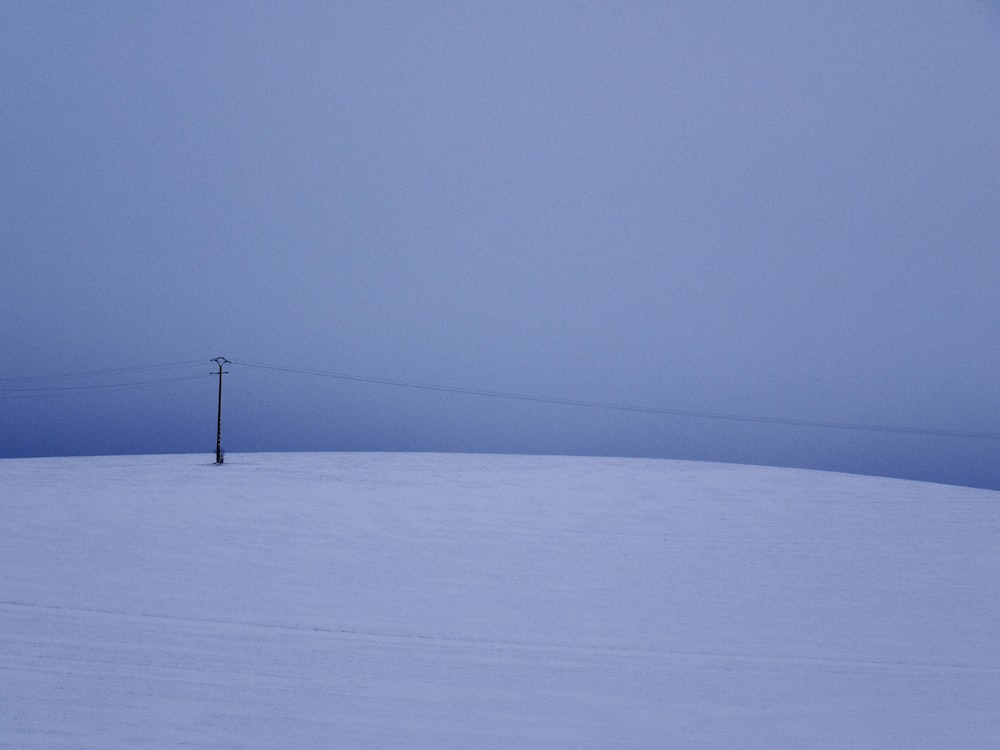 poteau électrique noir sur sol enneigé sous ciel gris