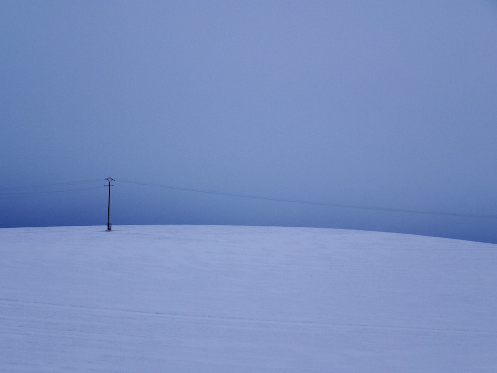 black electric post on snow covered ground under gray sky