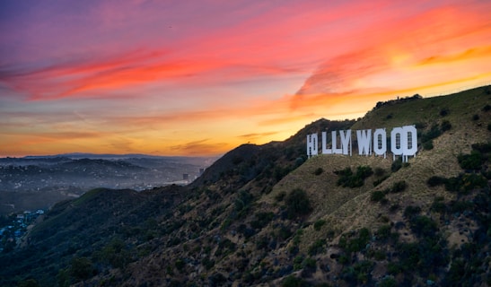"Hollywood" sign on mountain during sunset