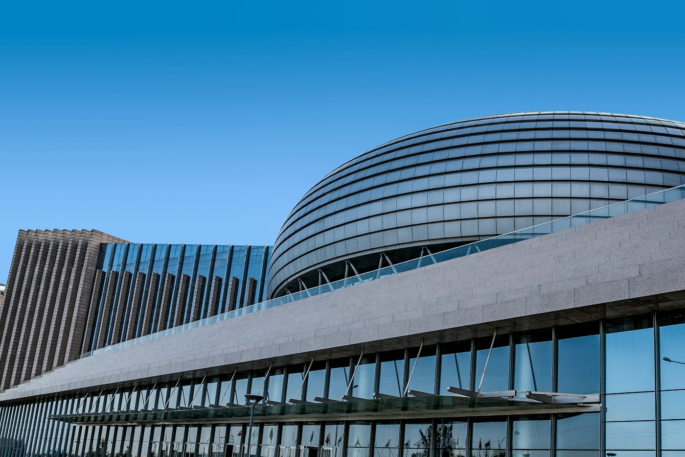The African Union headquarters in Addis Ababa under a clear blue sky