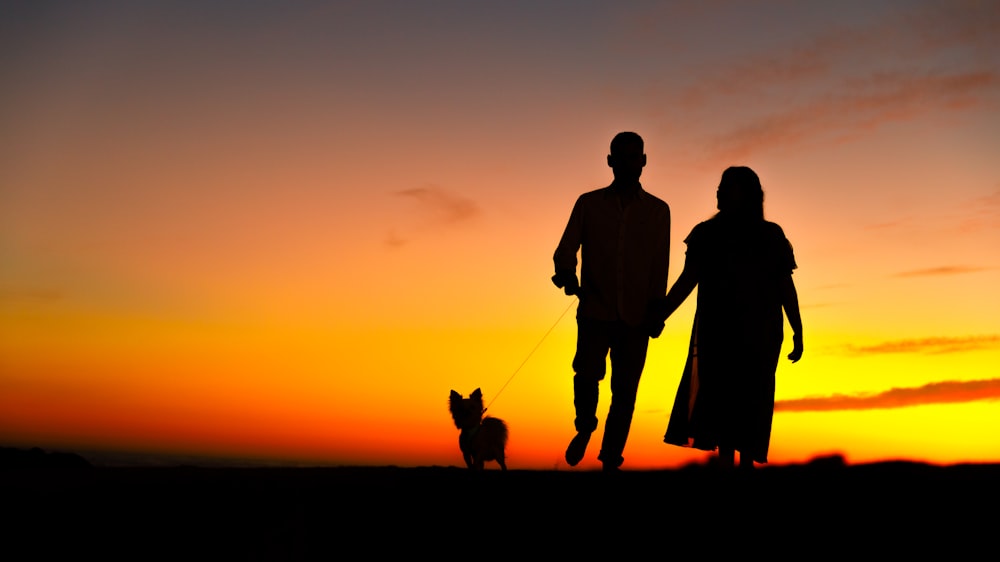 silhueta do homem e da mulher de mãos dadas durante o pôr do sol