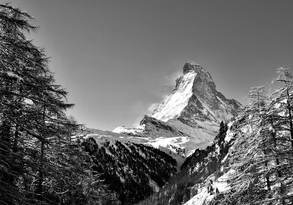 grayscale photo of snow covered mountain