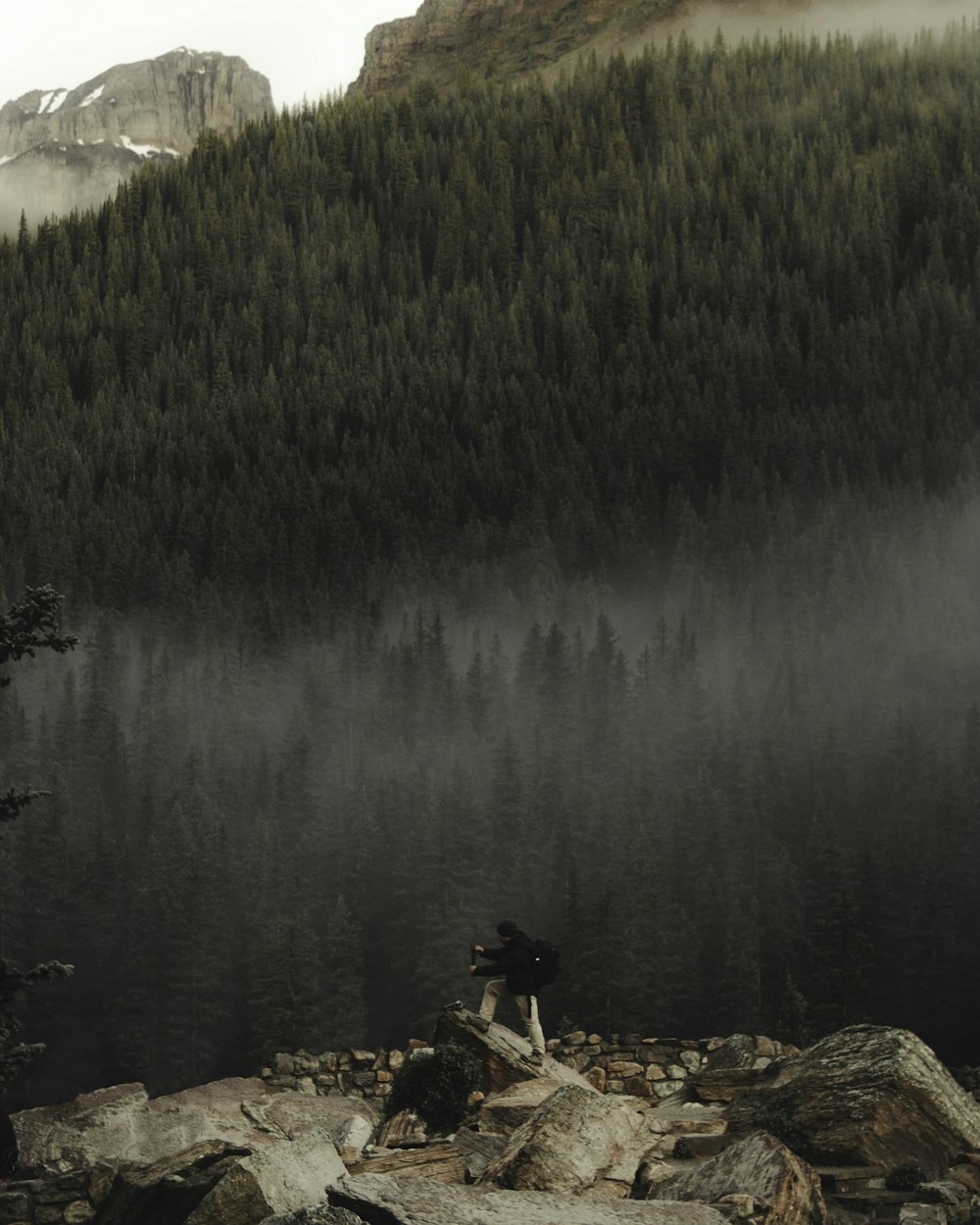 person sitting on rock near lake during daytime