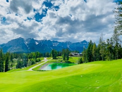 A lush green landscape featuring well-manicured grass fields and a small vibrant blue pond. The scene is bordered by tall evergreen trees and a distant range of majestic mountains, under a partly cloudy sky.