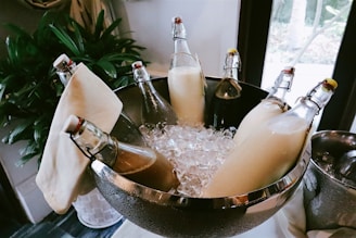 Glass bottles filled with different liquids are placed in a stainless steel bowl filled with ice cubes. The bottles have flip-top caps and are nested among decorative cloths, with a potted plant visible in the background.