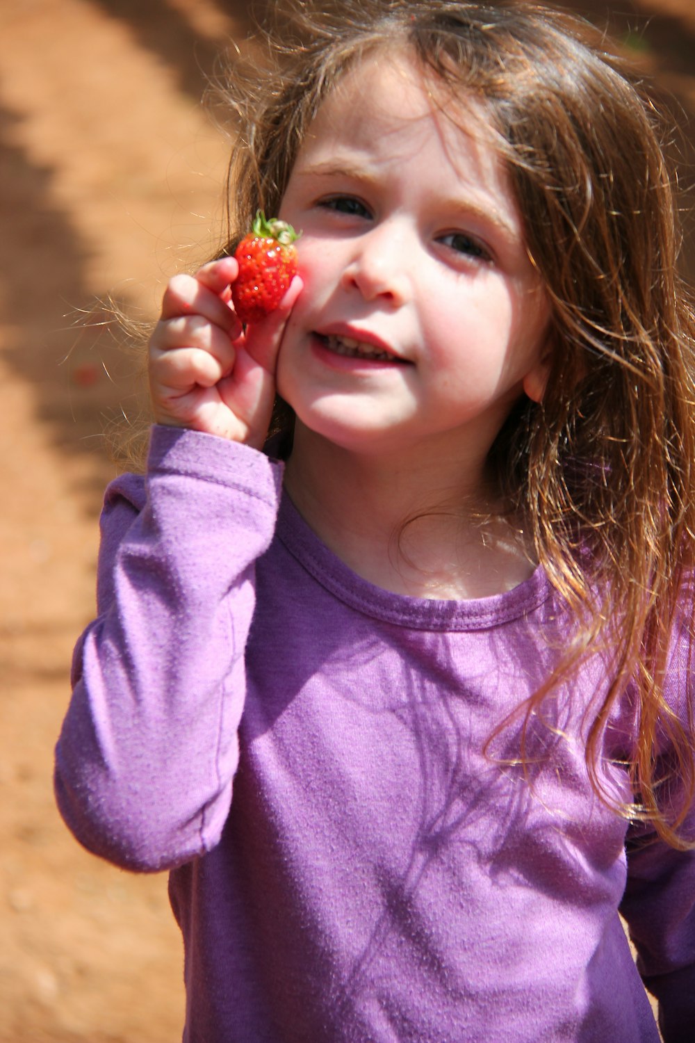 menina na camisa roxa da manga comprida que segura a flor vermelha