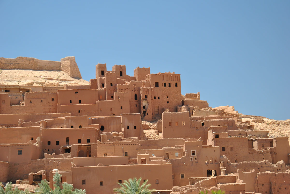 Brown kasbah under a blue sky, Morocco