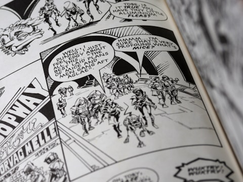 A black and white comic book page featuring a group of armored characters walking together. Speech bubbles contain dialogue, and the background displays some architectural details and signage.