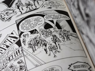A black and white comic book page featuring a group of armored characters walking together. Speech bubbles contain dialogue, and the background displays some architectural details and signage.