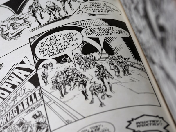 A black and white comic book page featuring a group of armored characters walking together. Speech bubbles contain dialogue, and the background displays some architectural details and signage.