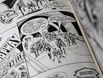 A black and white comic book page featuring a group of armored characters walking together. Speech bubbles contain dialogue, and the background displays some architectural details and signage.