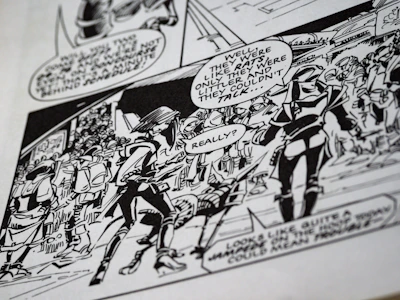 A black-and-white comic panel featuring characters in dialogue. The characters appear to be in a futuristic or fantasy setting, wearing helmets and armor. Speech bubbles convey their conversation, and the background contains other figures and structures.