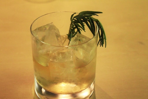 A stylish cocktail glass garnished with fresh herbs, glowing softly in the evening light.