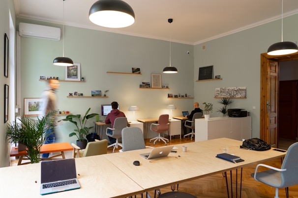 A modern office space featuring several people working at desks with laptops and computers. The room has light green walls adorned with shelves containing framed pictures and small plants. Overhead lighting is visible, and there are several chairs of different colors around a wooden table. There are large windows and some greenery in the form of potted plants.