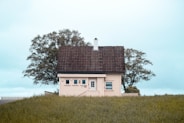 white and black concrete house near green trees under white sky during daytime