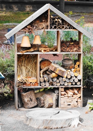 A wooden insect hotel is filled with various natural materials such as logs, pine cones, straw, and clay flower pots. The structure is divided into sections, each containing different items designed to attract and shelter insects. It is situated in an outdoor garden setting, surrounded by greenery and some visible fencing.