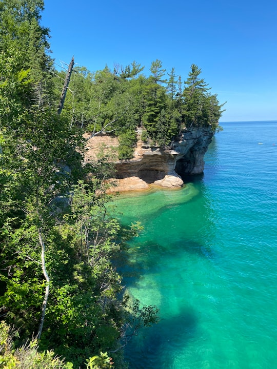 green trees beside blue sea under blue sky during daytime in Pictured Rocks National Lakeshore United States