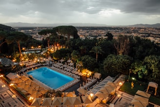swimming pool surrounded by trees during night time