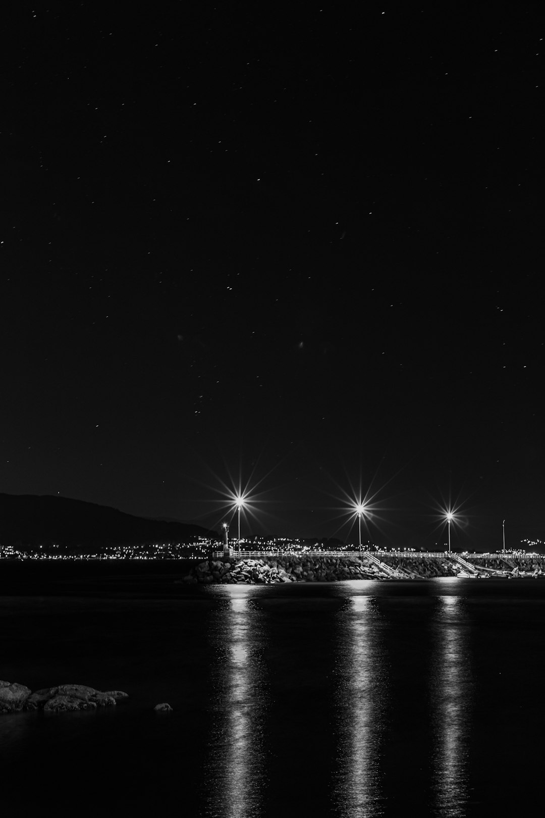 grayscale photo of city lights during night time