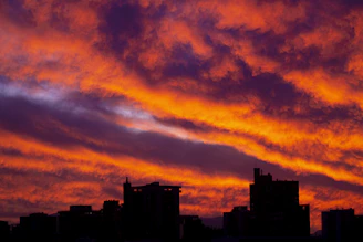 A vibrant still from an intense drama featuring a city skyline at dusk.
