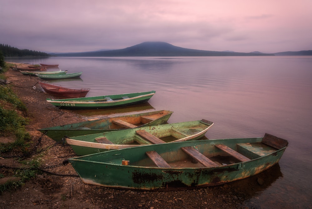 bateau en bois vert et brun sur le rivage pendant la journée