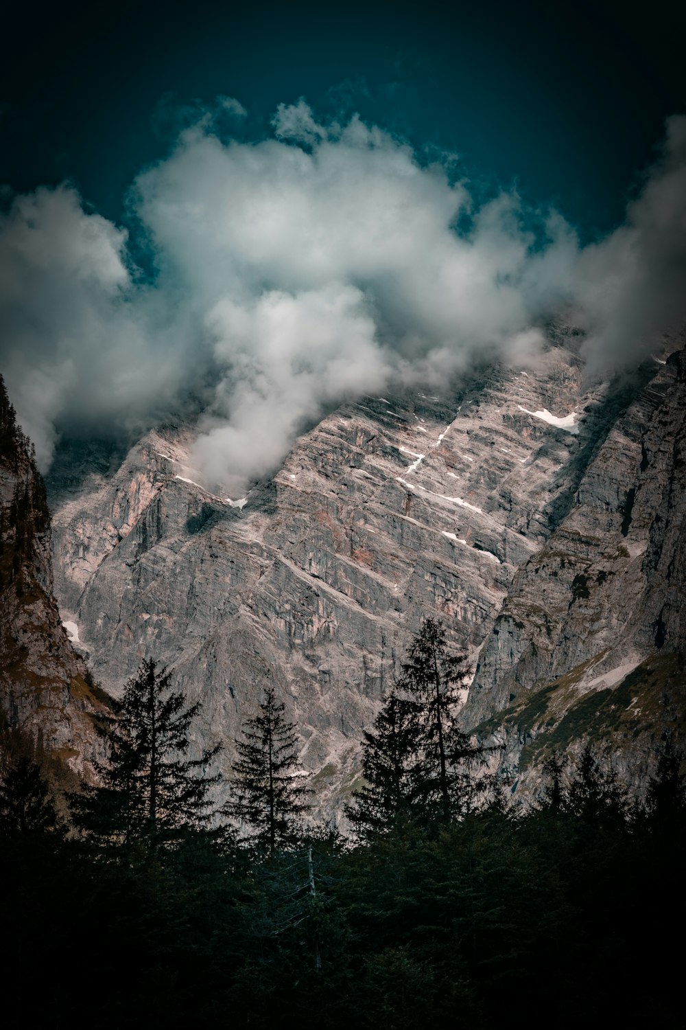 árboles verdes cerca de la montaña bajo nubes blancas y cielo azul durante el día