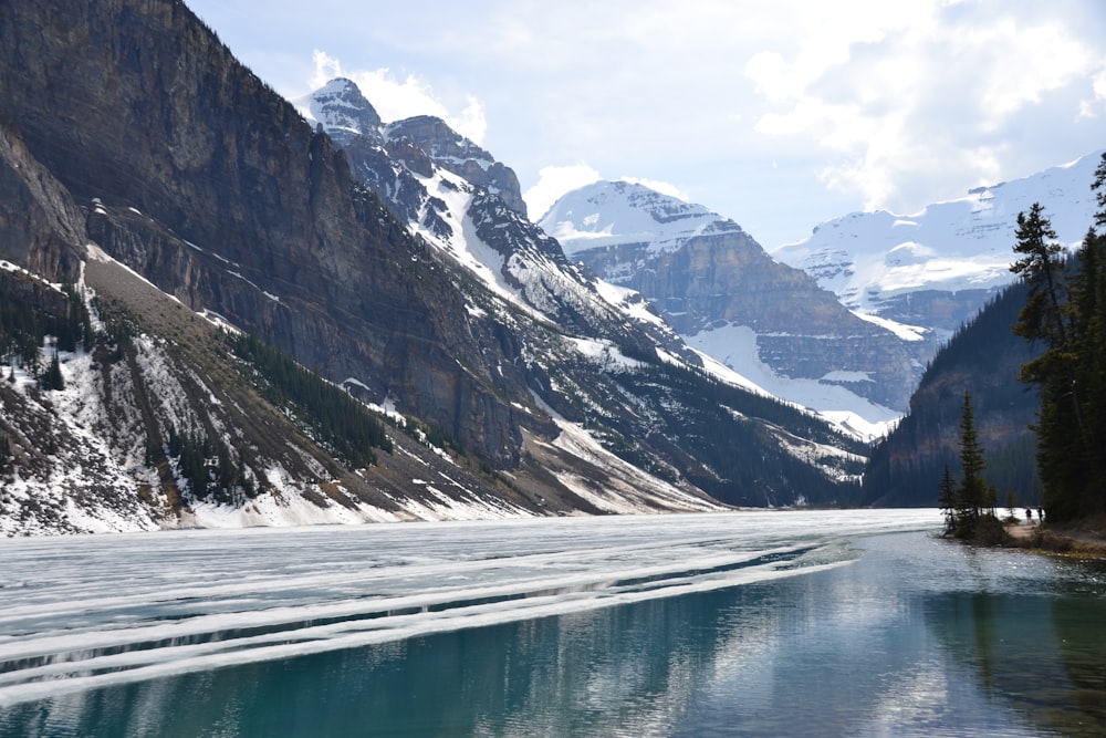 a body of water surrounded by snow covered mountains