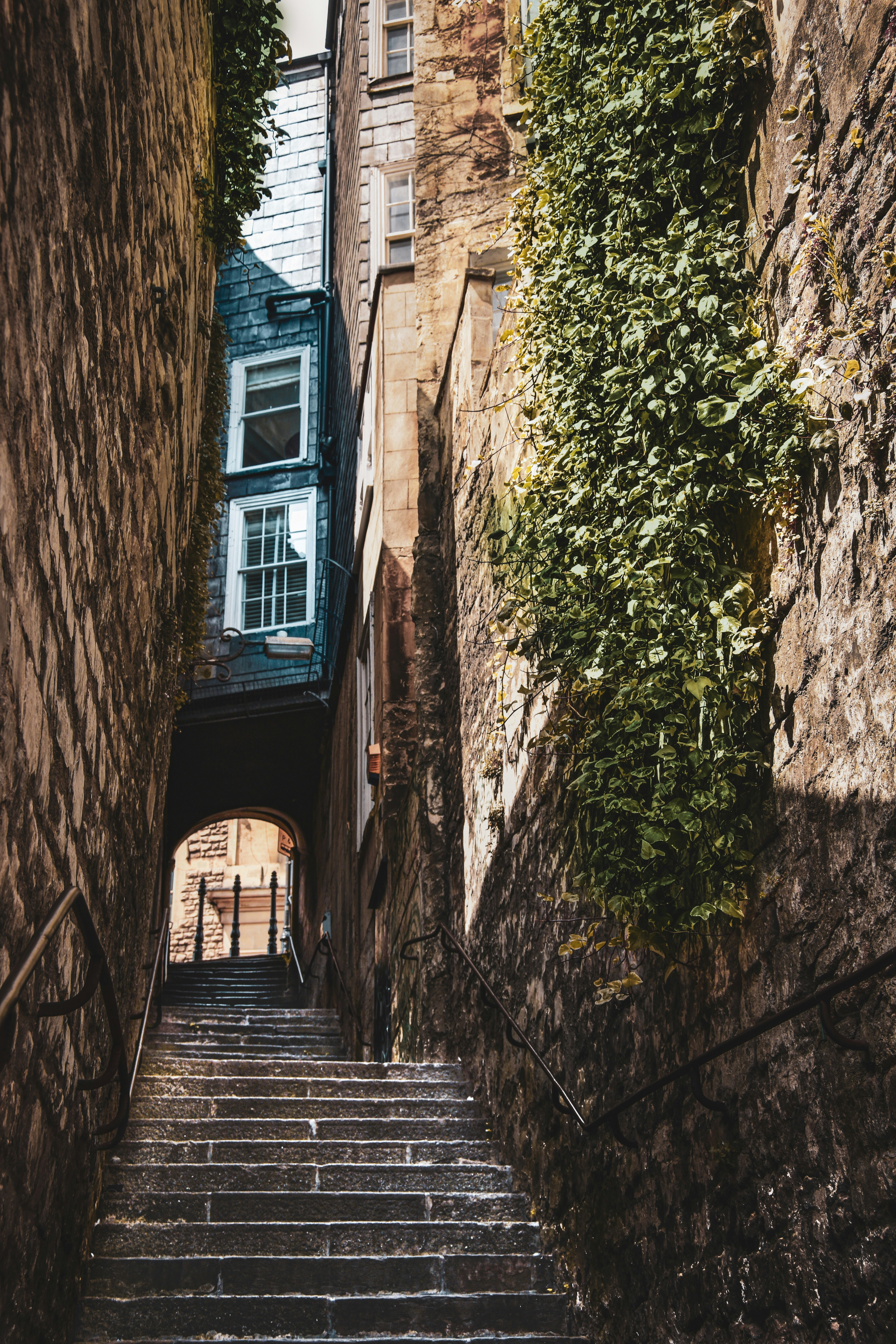 Bâtiment en briques brunes avec des plantes vertes sur le côté