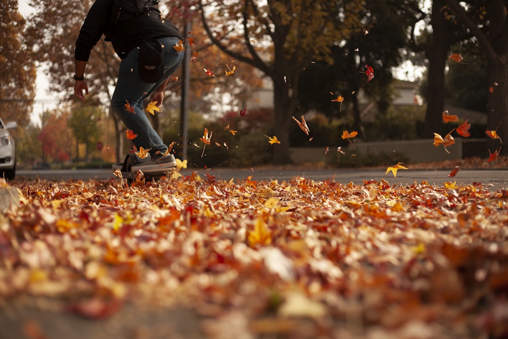 man in black jacket and black pants riding on black skateboard on red and yellow leaves