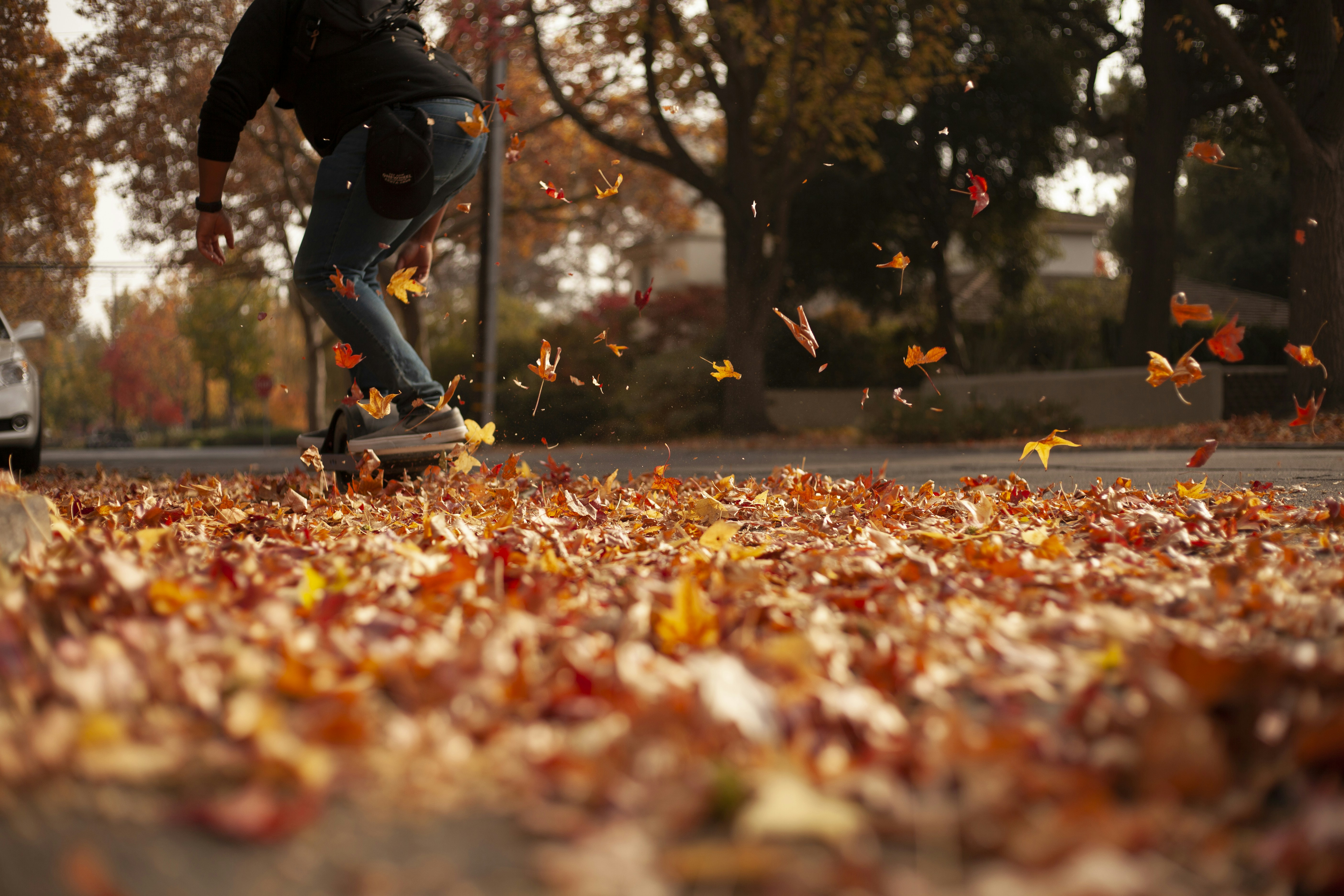 A Onewheel rider floating through a scenic pile of autumn leaves.