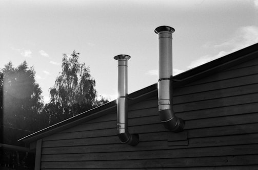 Two metal chimneys extend from the roof of a wooden structure against a backdrop of a clear sky and trees. The scene is depicted in black and white, creating strong contrasts between the building, trees, and the sky.
