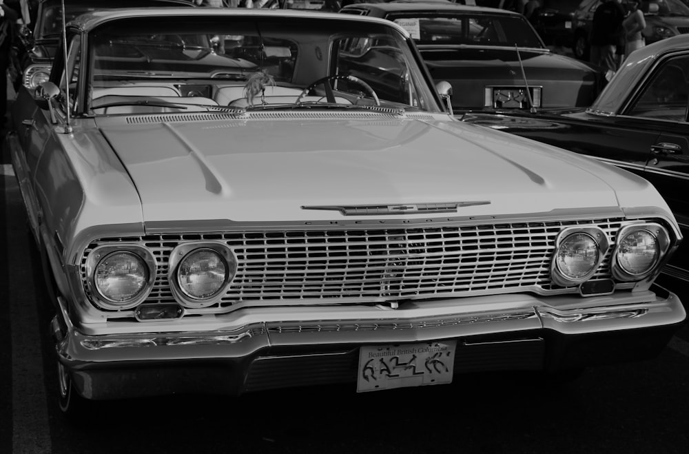 grayscale photo of classic car