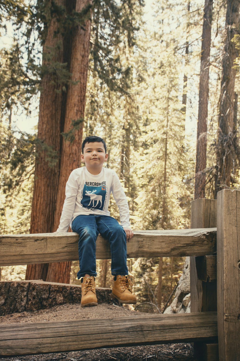 man in white long sleeve shirt and blue denim jeans sitting on brown wooden fence