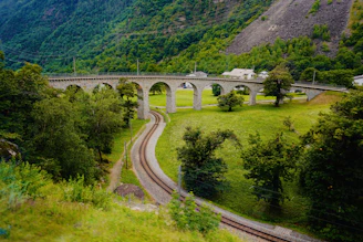 gray concrete bridge over green mountain during daytime