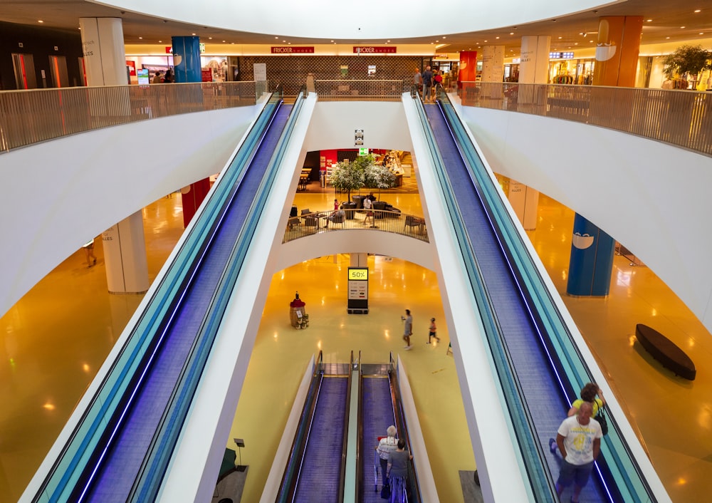 people walking on escalator inside building