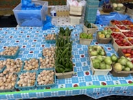A market stall with various fresh produce displayed on a blue checkered tablecloth. There are baskets of tomatillos, chili peppers, tomatoes, and husk cherries. A clear container with blue bags and a water bottle are also present on the table.