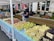 A bustling farmers market stand features a variety of fresh vegetables displayed in an orderly arrangement. Basketfuls of potatoes, different types of beans, and other produce are laid out across colorful, patterned tablecloths. A vendor wearing a cap, gloves, and a mask stands behind the stall, assisting customers.