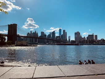 The image features a city skyline with a prominent bridge extending across the water under a bright, clear sky. Several skyscrapers rise in the background, and people are sitting by the water's edge, enjoying the view.