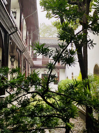 Lush garden courtyard nestled between the two historic buildings under soft natural light.