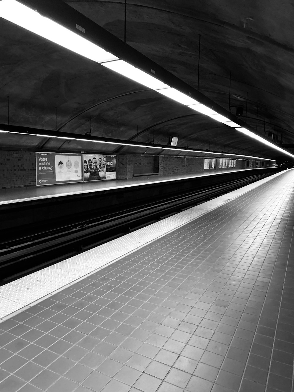 grayscale photo of train station